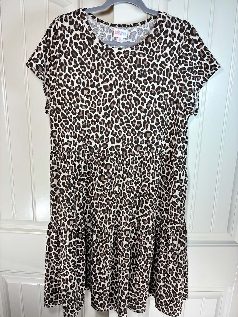 LuLaRoe Tiered Dress Size M Leopard Print Short Sleeve Swing Midi